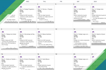 Calendario del plan en TrainingPeaks